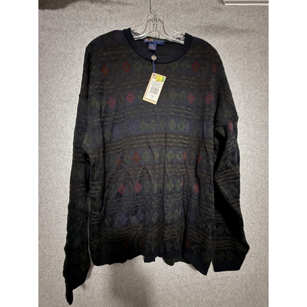 R&R Casuals Sweater Mens XL Multicolor Crewneck Geometric Knit‎ Pullover